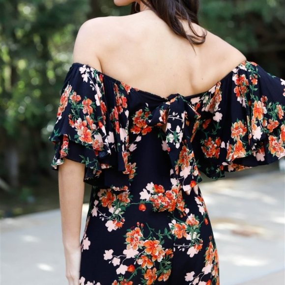 Off shoulder Floral Print Jumpsuit black - Picture 4 of 5